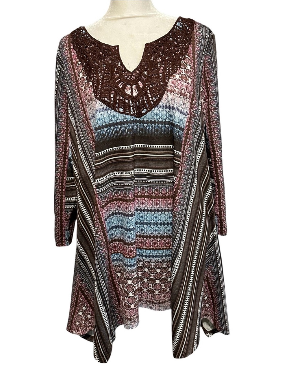ONE WORLD  Yoke Striped Tunic Top - Brown Blue Pink size 1X